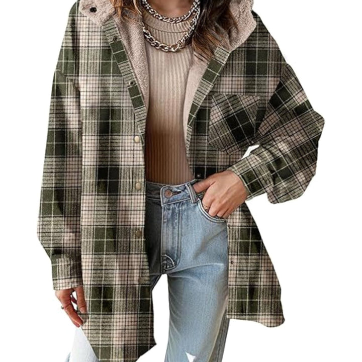 Women's Relaxed-Fit Checked Fleece-Lined Hooded Shacket - Olive Green