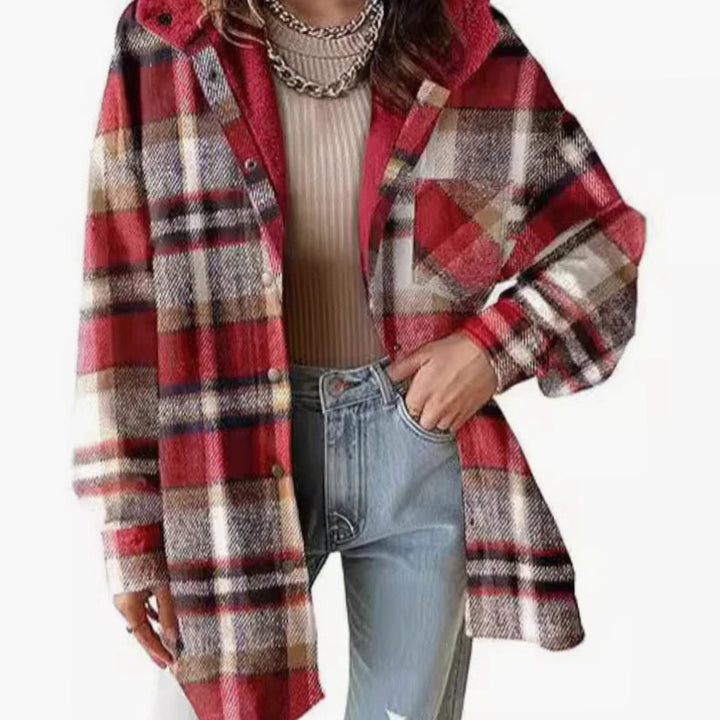 Women's Relaxed-Fit Checked Fleece-Lined Hooded Shacket - Red