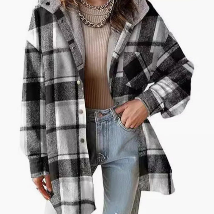 Women's Relaxed-Fit Checked Fleece-Lined Hooded Shacket - Black