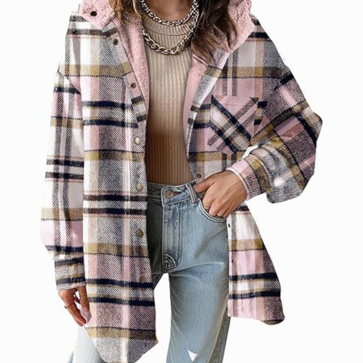 Women's Relaxed-Fit Checked Fleece-Lined Hooded Shacket - Pink