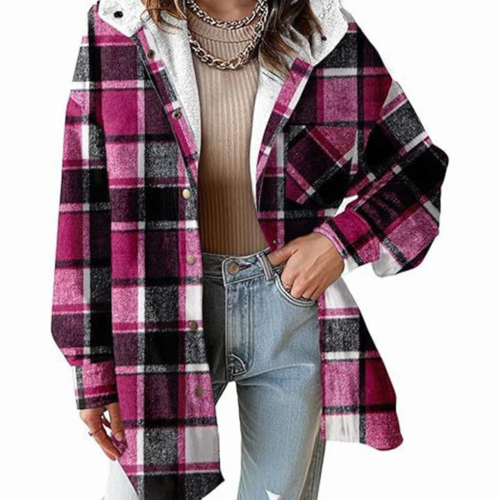 Women's Relaxed-Fit Checked Fleece-Lined Hooded Shacket - Purple
