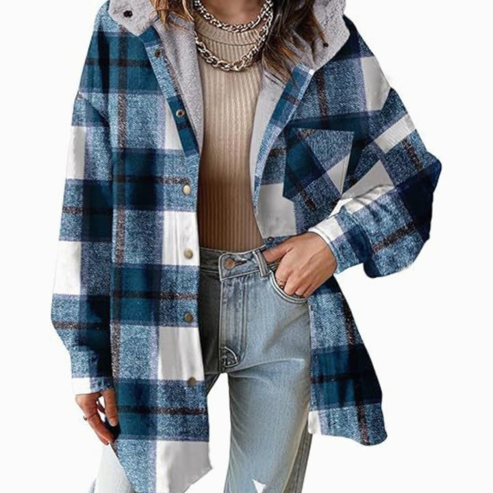 Women's Relaxed-Fit Checked Fleece-Lined Hooded Shacket - Lake Blue