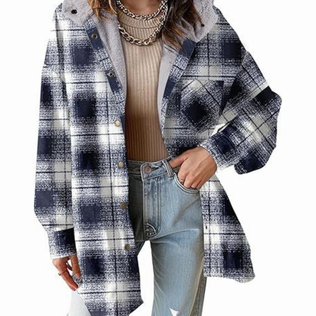 Women's Relaxed-Fit Checked Fleece-Lined Hooded Shacket - Navy Blue