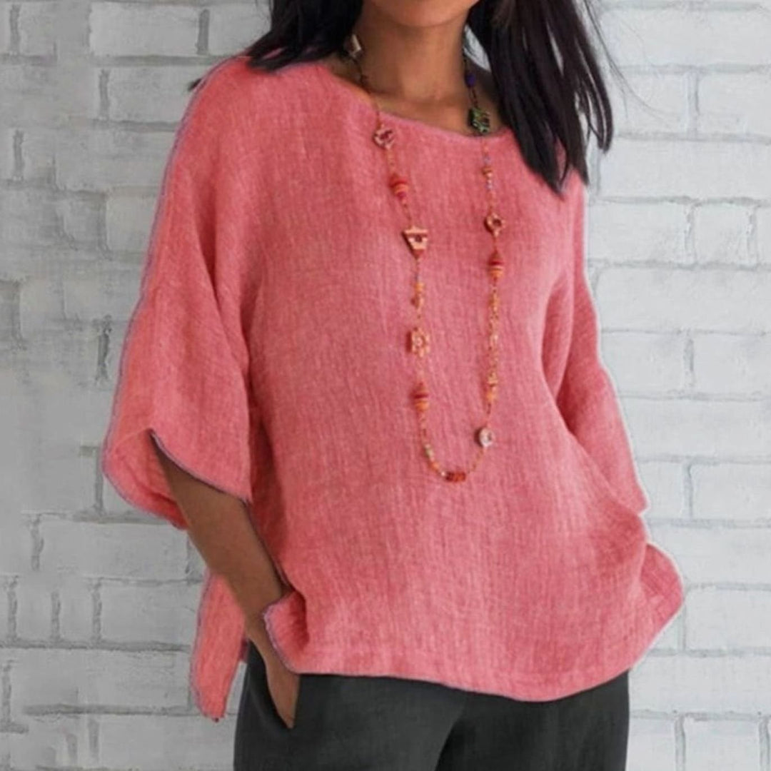 Women's Relaxed-Fit Cotton Linen Three-Quarter Sleeve Top - Pink