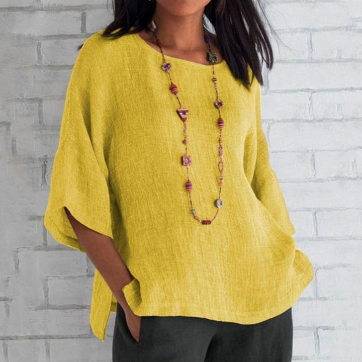 Women's Relaxed-Fit Cotton Linen Three-Quarter Sleeve Top - Yellow