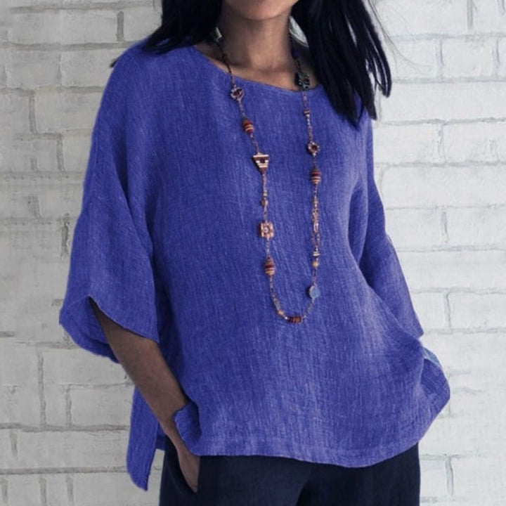 Women's Relaxed-Fit Cotton Linen Three-Quarter Sleeve Top - Blue
