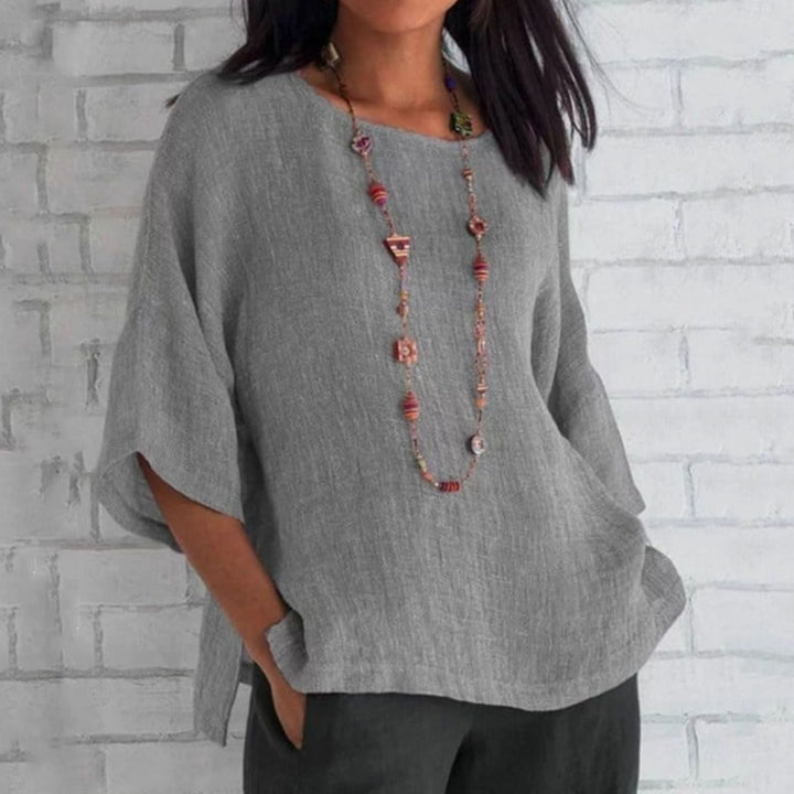 Women's Relaxed-Fit Cotton Linen Three-Quarter Sleeve Top - Grey