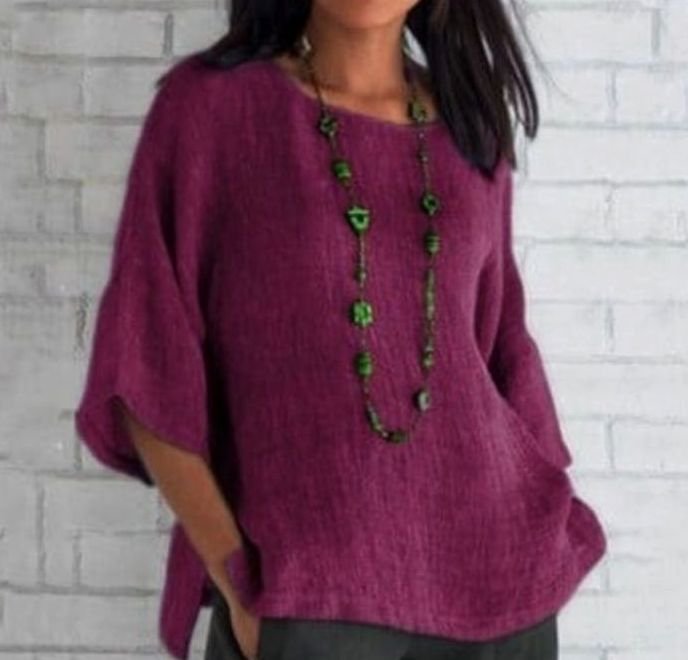 Women's Relaxed-Fit Cotton Linen Three-Quarter Sleeve Top - Purple