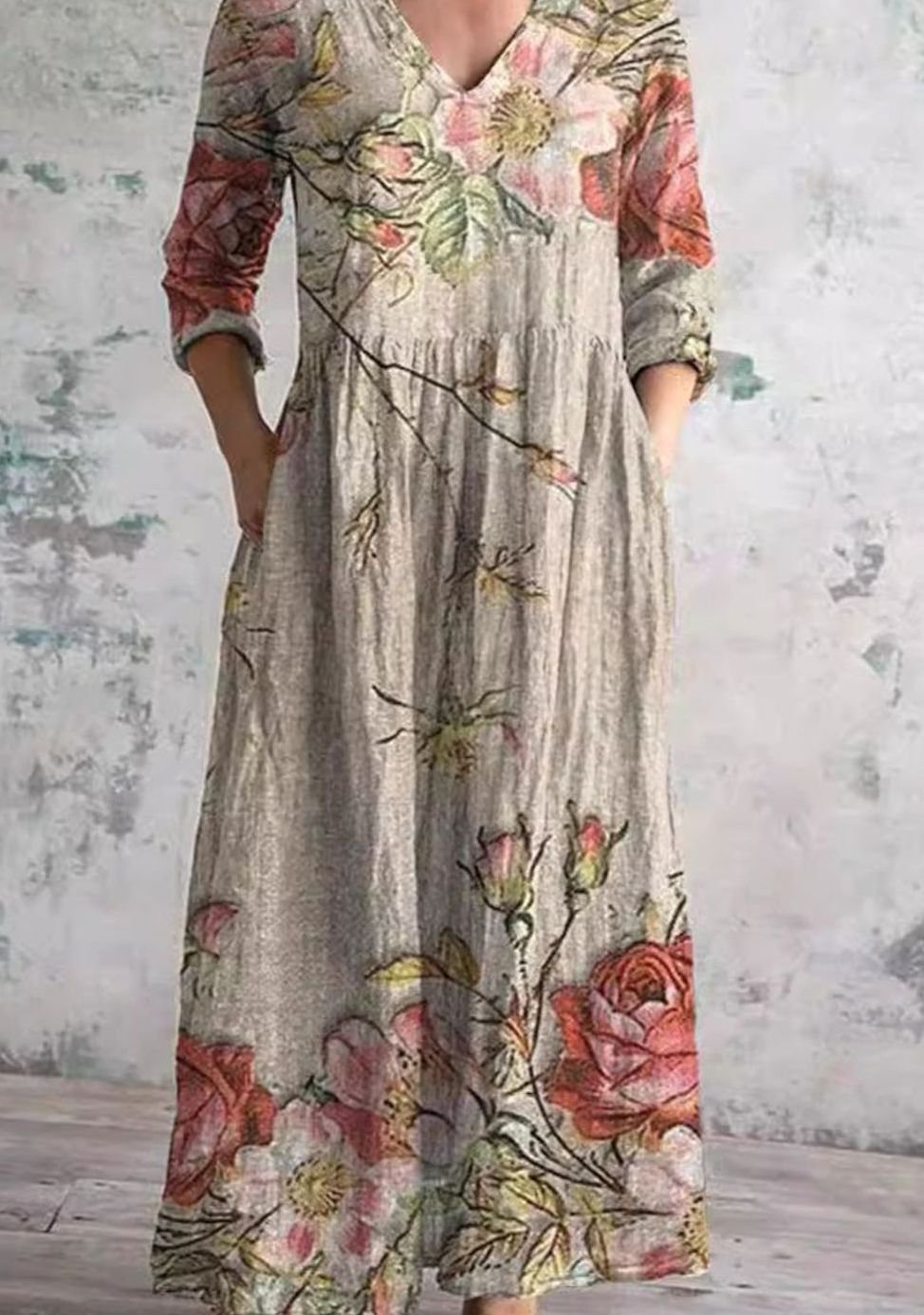 Women's Relaxed-Fit Floral Maxi Dress V-Neck Long Sleeve - Beige