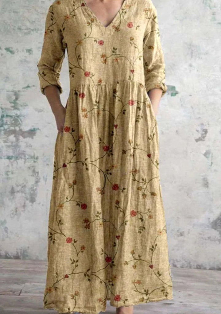 Women's Relaxed-Fit Floral Maxi Dress V-Neck Long Sleeve - Yellow