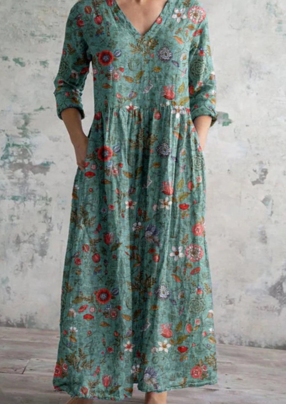 Women's Relaxed-Fit Floral Maxi Dress V-Neck Long Sleeve - Green