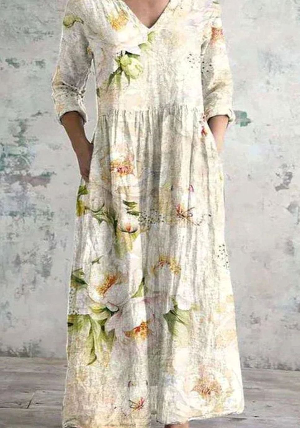 Women's Relaxed-Fit Floral Maxi Dress V-Neck Long Sleeve - White