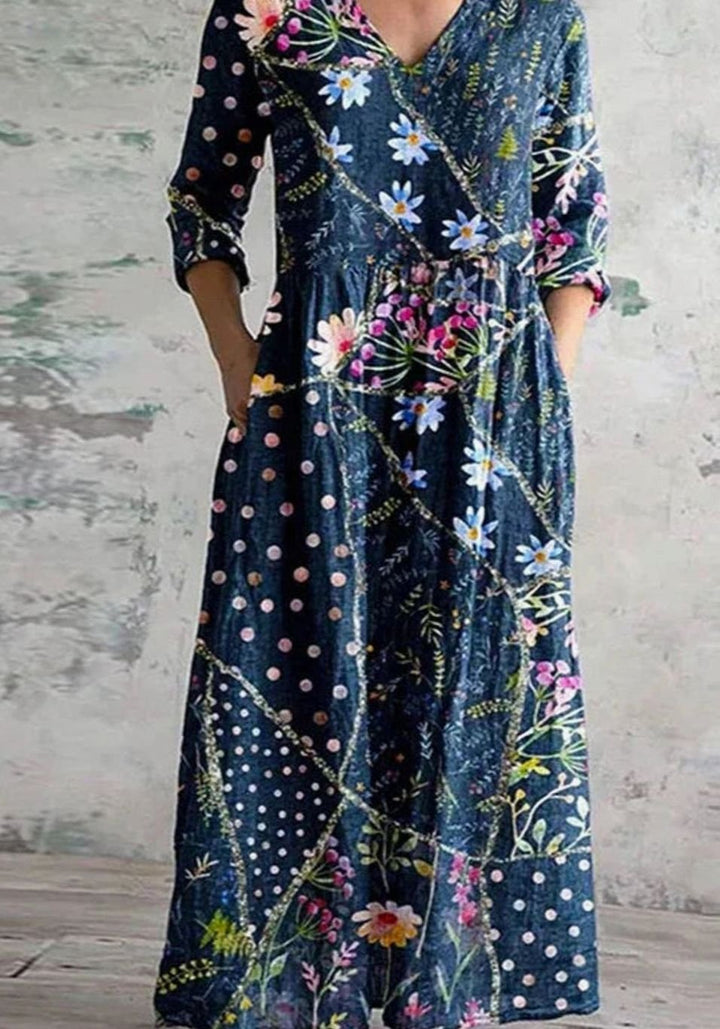Women's Relaxed-Fit Floral Maxi Dress V-Neck Long Sleeve - Blue