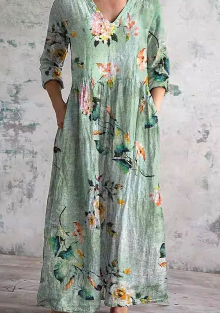 Women's Relaxed-Fit Floral Maxi Dress V-Neck Long Sleeve - Light Green