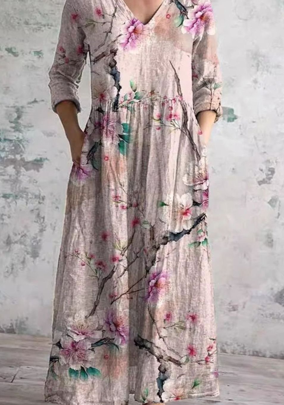 Women's Relaxed-Fit Floral Maxi Dress V-Neck Long Sleeve - Pink
