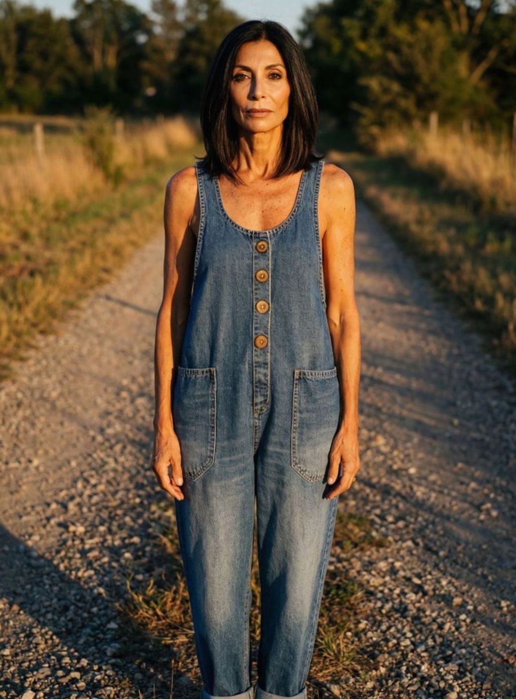 Women's Relaxed-Fit Full-Length Denim Jumpsuit Button Front
