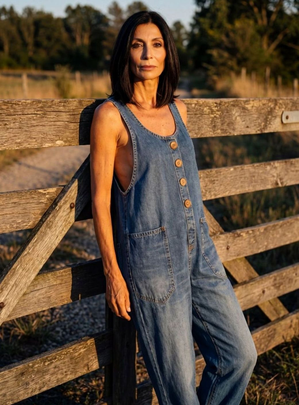Women's Relaxed-Fit Full-Length Denim Jumpsuit Button Front