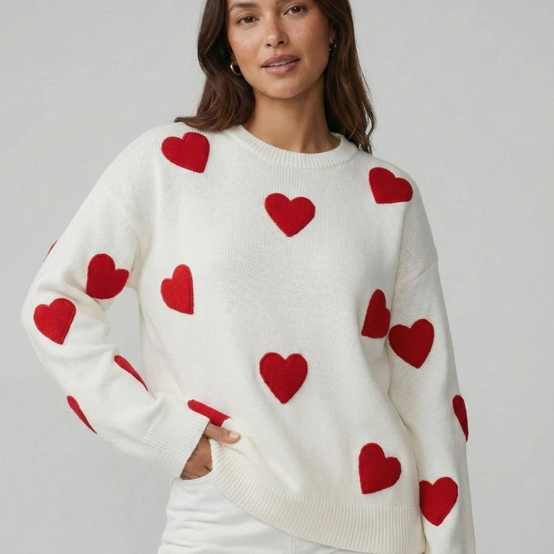 Women's Relaxed-Fit Heart Motif Patterned Knitted Jumper