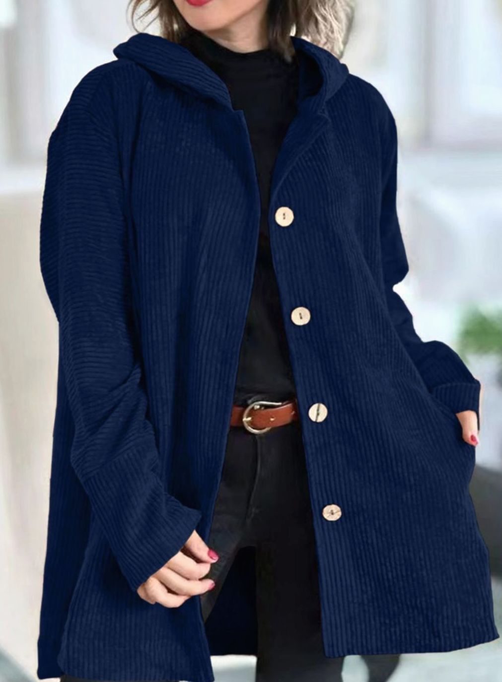 Women's Relaxed-Fit Hooded Corduroy Button-Up Winter Coat - Navy Blue