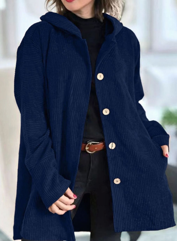 Women's Relaxed-Fit Hooded Corduroy Button-Up Winter Coat - Navy Blue