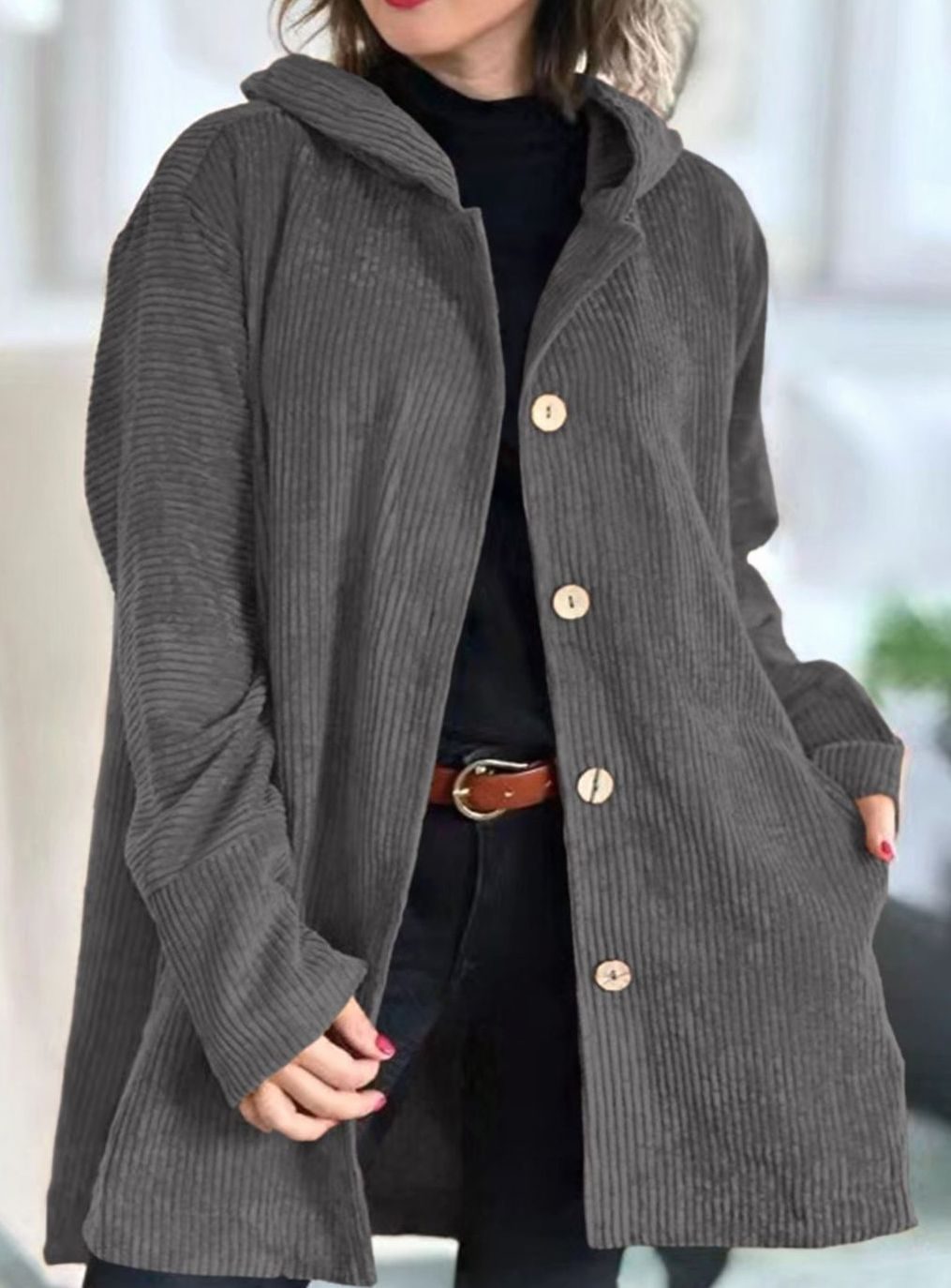 Women's Relaxed-Fit Hooded Corduroy Button-Up Winter Coat - Grey