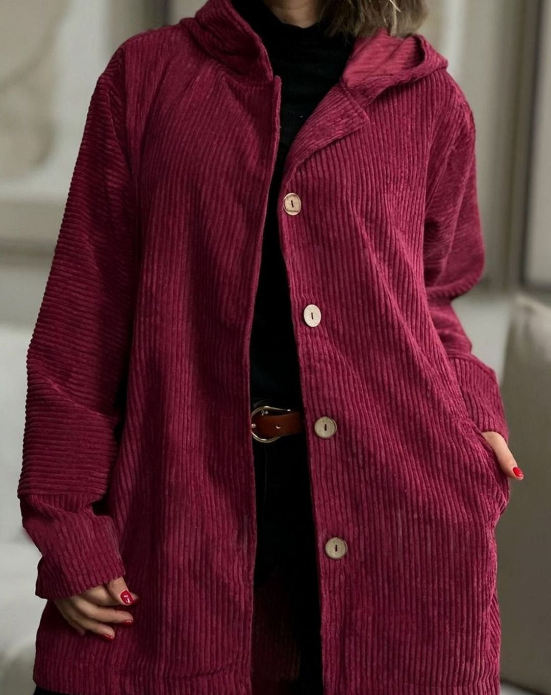 Women's Relaxed-Fit Hooded Corduroy Button-Up Winter Coat - Red