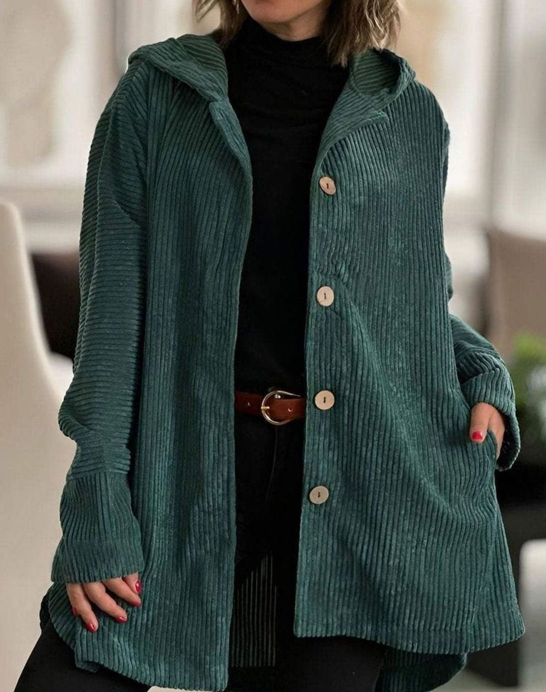 Women's Relaxed-Fit Hooded Corduroy Button-Up Winter Coat - Green