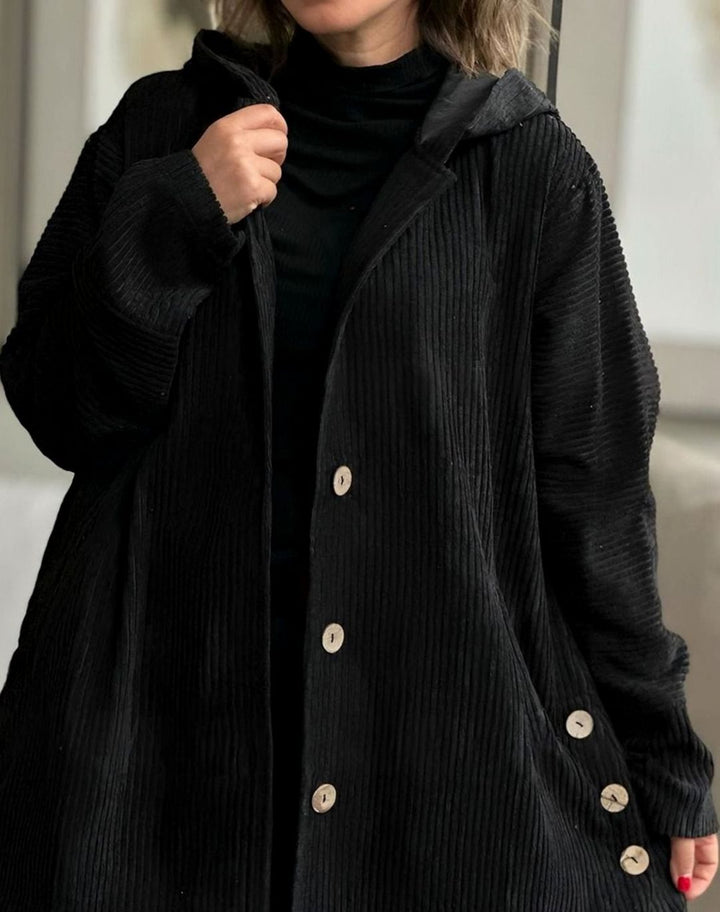 Women's Relaxed-Fit Hooded Corduroy Button-Up Winter Coat - Black
