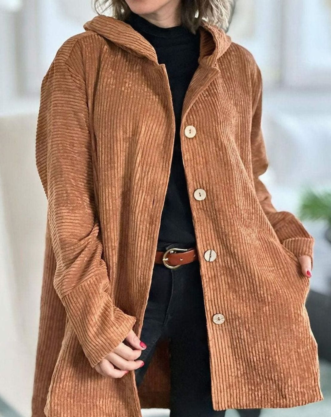 Women's Relaxed-Fit Hooded Corduroy Button-Up Winter Coat - Khaki