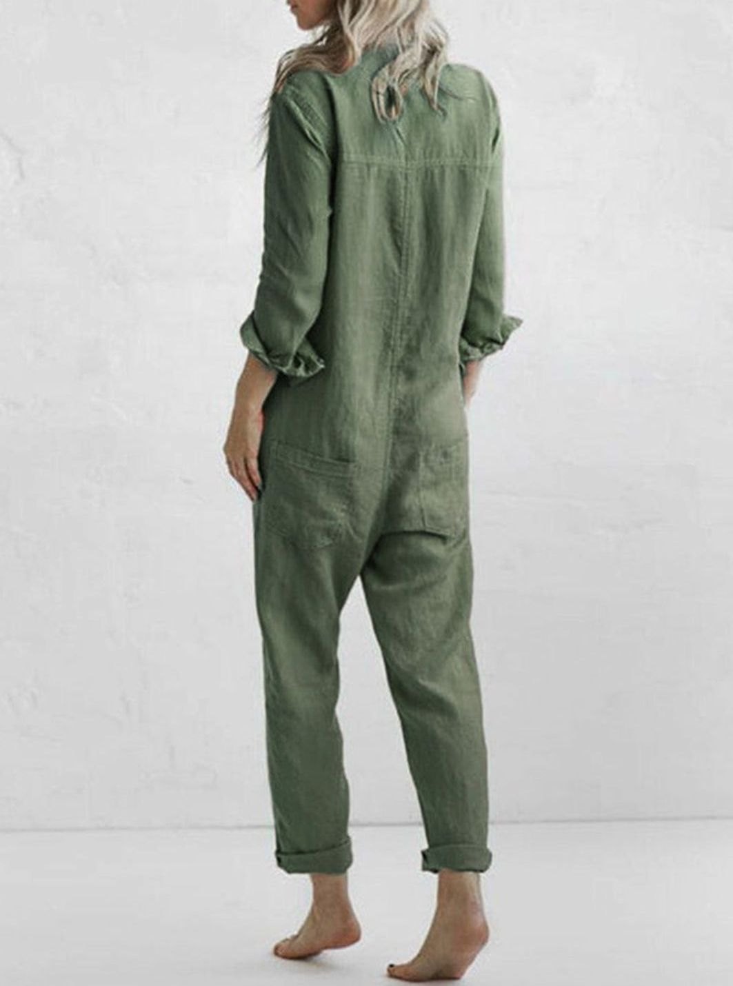 Women's Relaxed-Fit Long-Sleeve Button-Front Cotton Jumpsuit