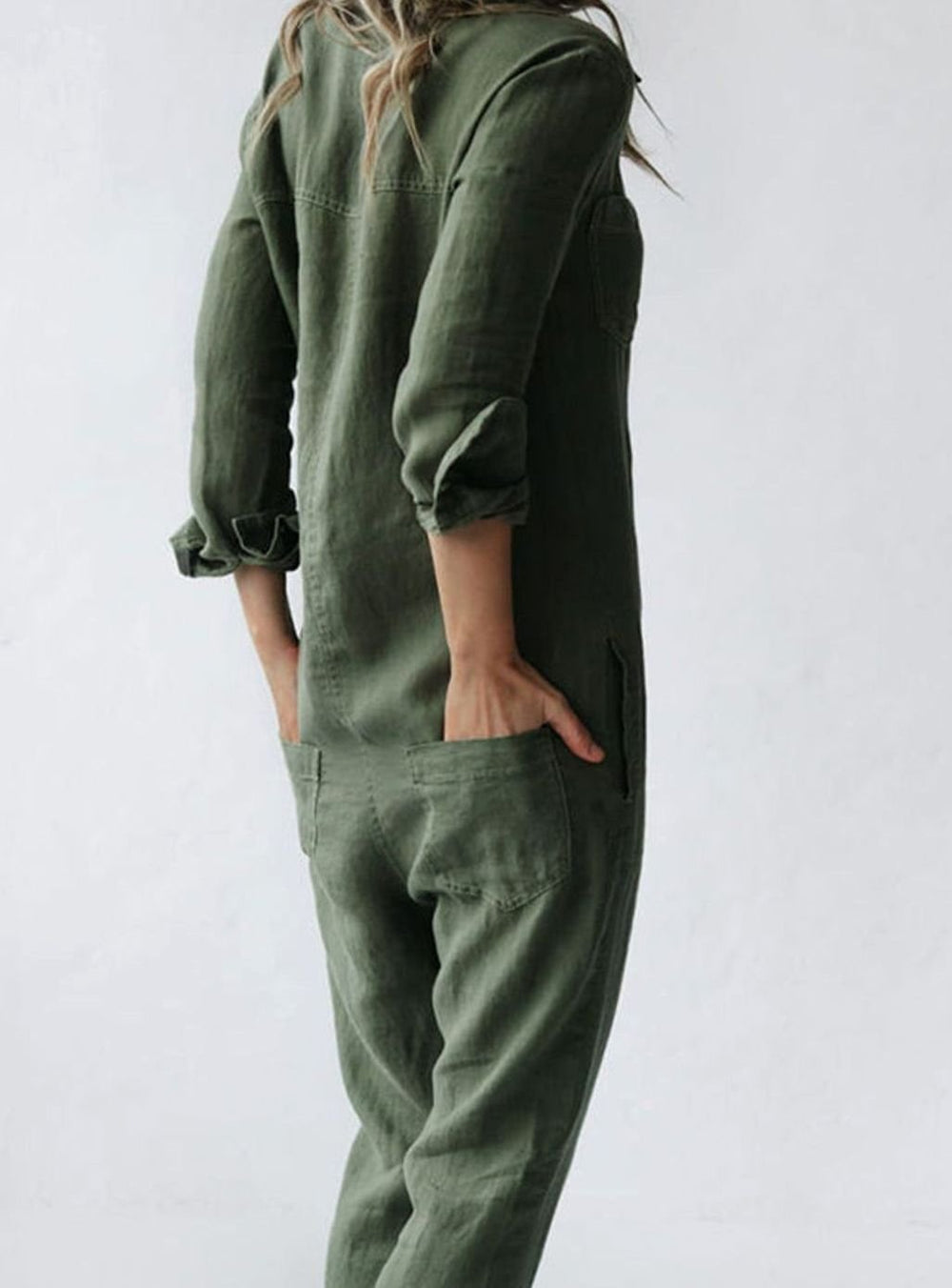 Women's Relaxed-Fit Long-Sleeve Button-Front Cotton Jumpsuit