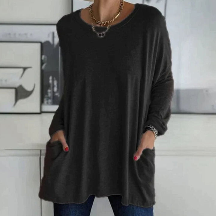 Women's Relaxed-Fit Long-Sleeve Tunic Top Front Pockets - Black