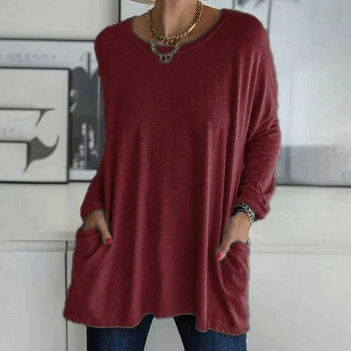 Women's Relaxed-Fit Long-Sleeve Tunic Top with Front Pockets - Burgundy