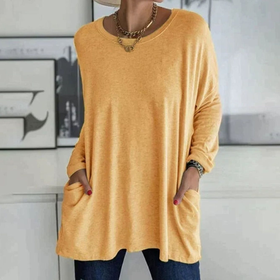 Women's Relaxed-Fit Long-Sleeve Tunic Top with Front Pockets - Orange