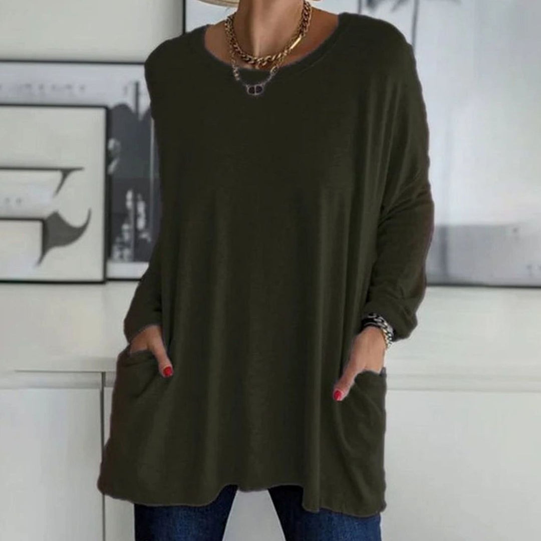 Women's Relaxed-Fit Long-Sleeve Tunic Top with Front Pockets - Teal