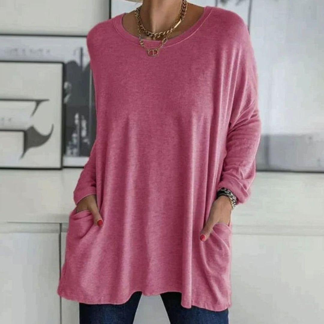 Women's Relaxed-Fit Long-Sleeve Tunic Top with Front Pockets - Rose Red