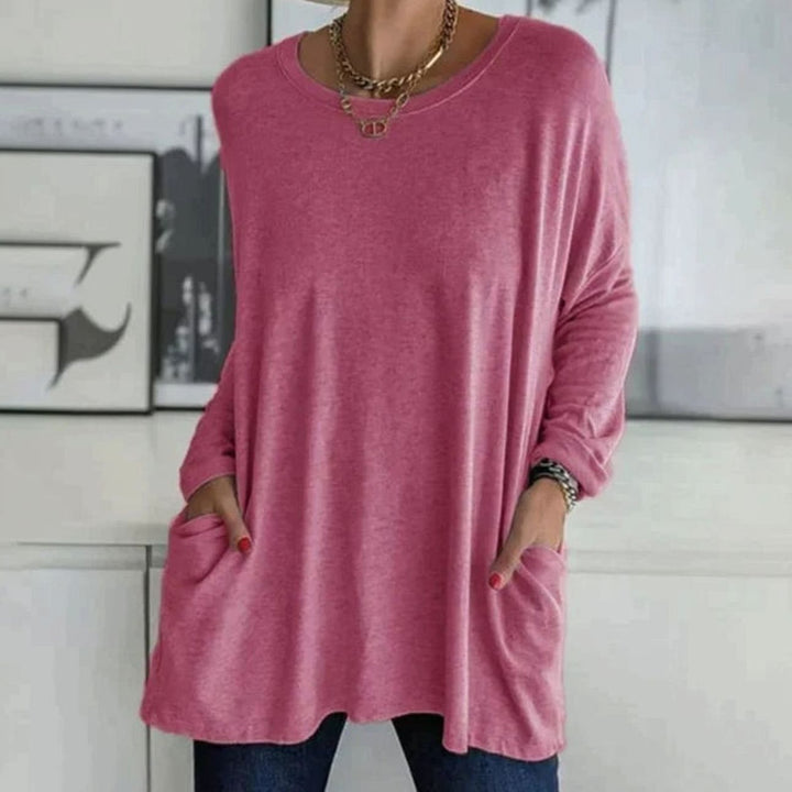 Women's Relaxed-Fit Long-Sleeve Tunic Top with Front Pockets - Rose Red