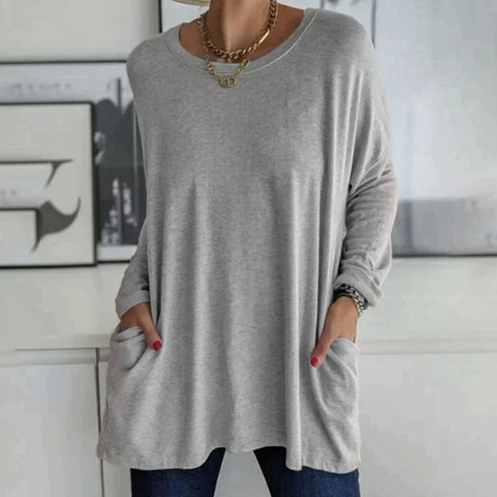 Women's Relaxed-Fit Long-Sleeve Tunic Top with Front Pockets - Grey