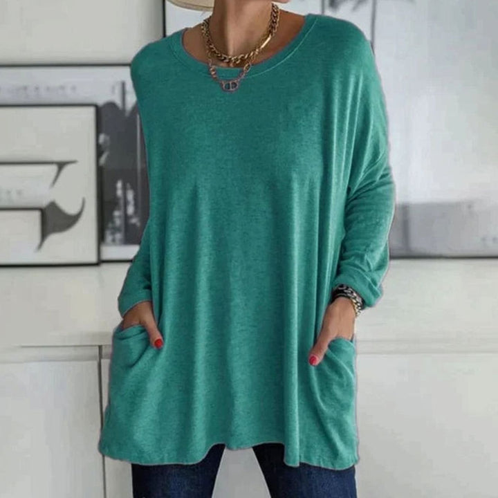 Women's Relaxed-Fit Long-Sleeve Tunic Top with Front Pockets - Cyan Blue