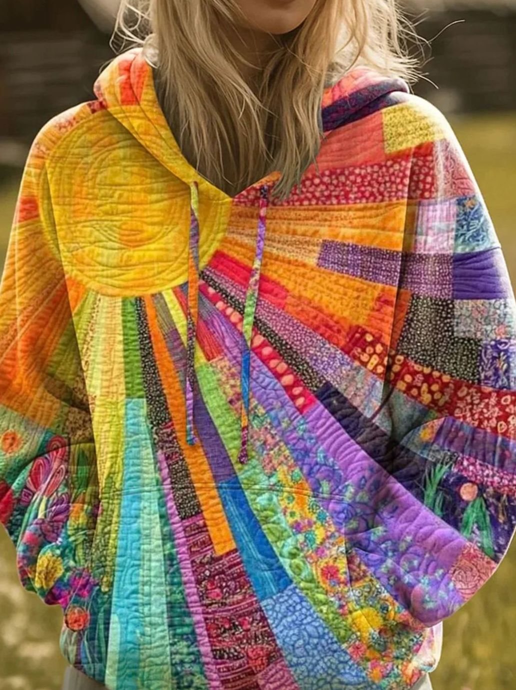 Women's Relaxed-Fit Patchwork Sun Print Pullover Hoodie - Multicolor