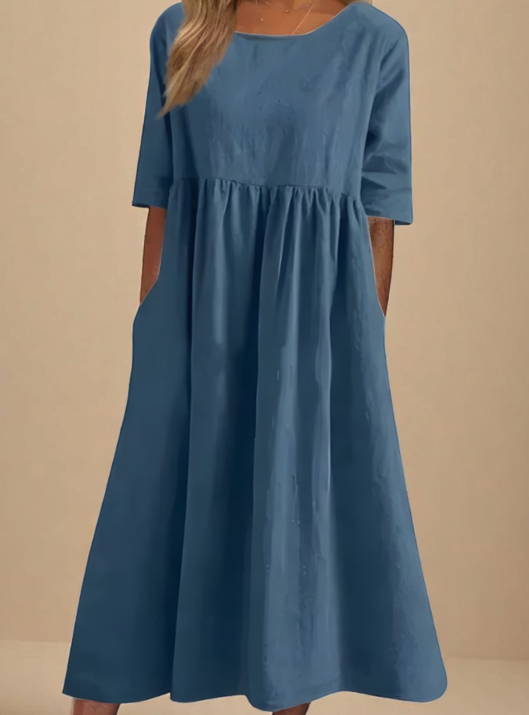 Women's Relaxed-Fit Round-Neck Mid-Sleeve Midi Dress Pockets - Blue