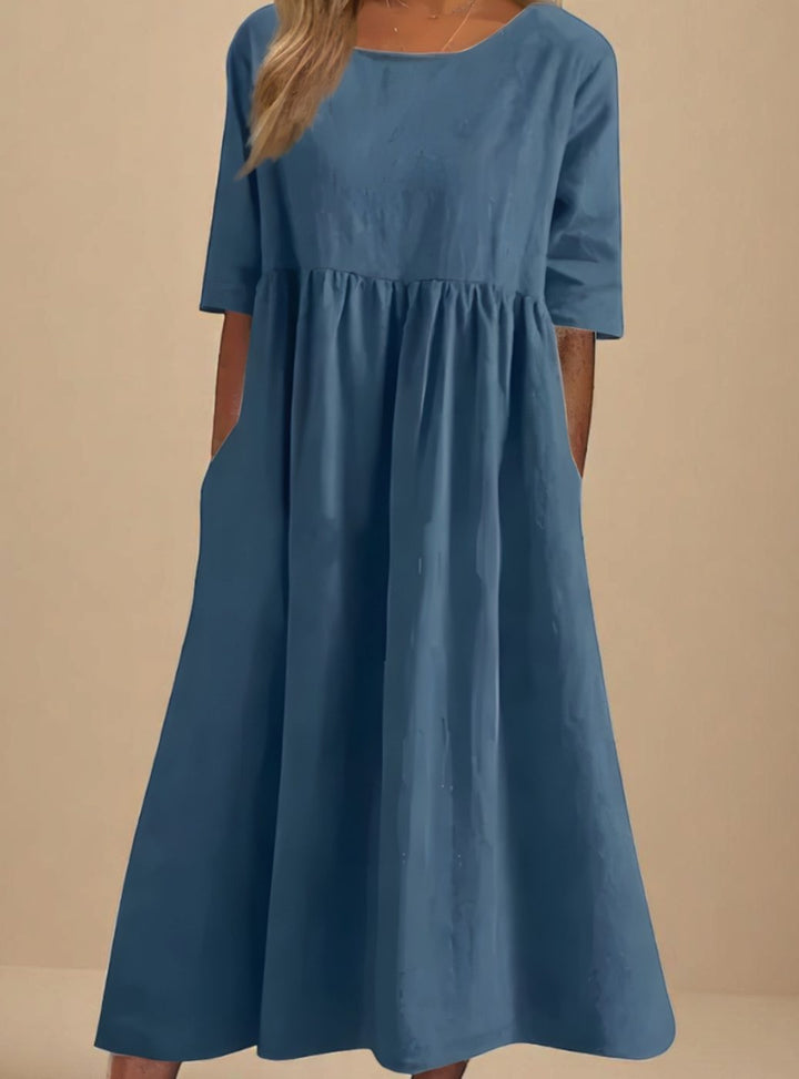 Women's Relaxed-Fit Round-Neck Mid-Sleeve Midi Dress Pockets - Blue