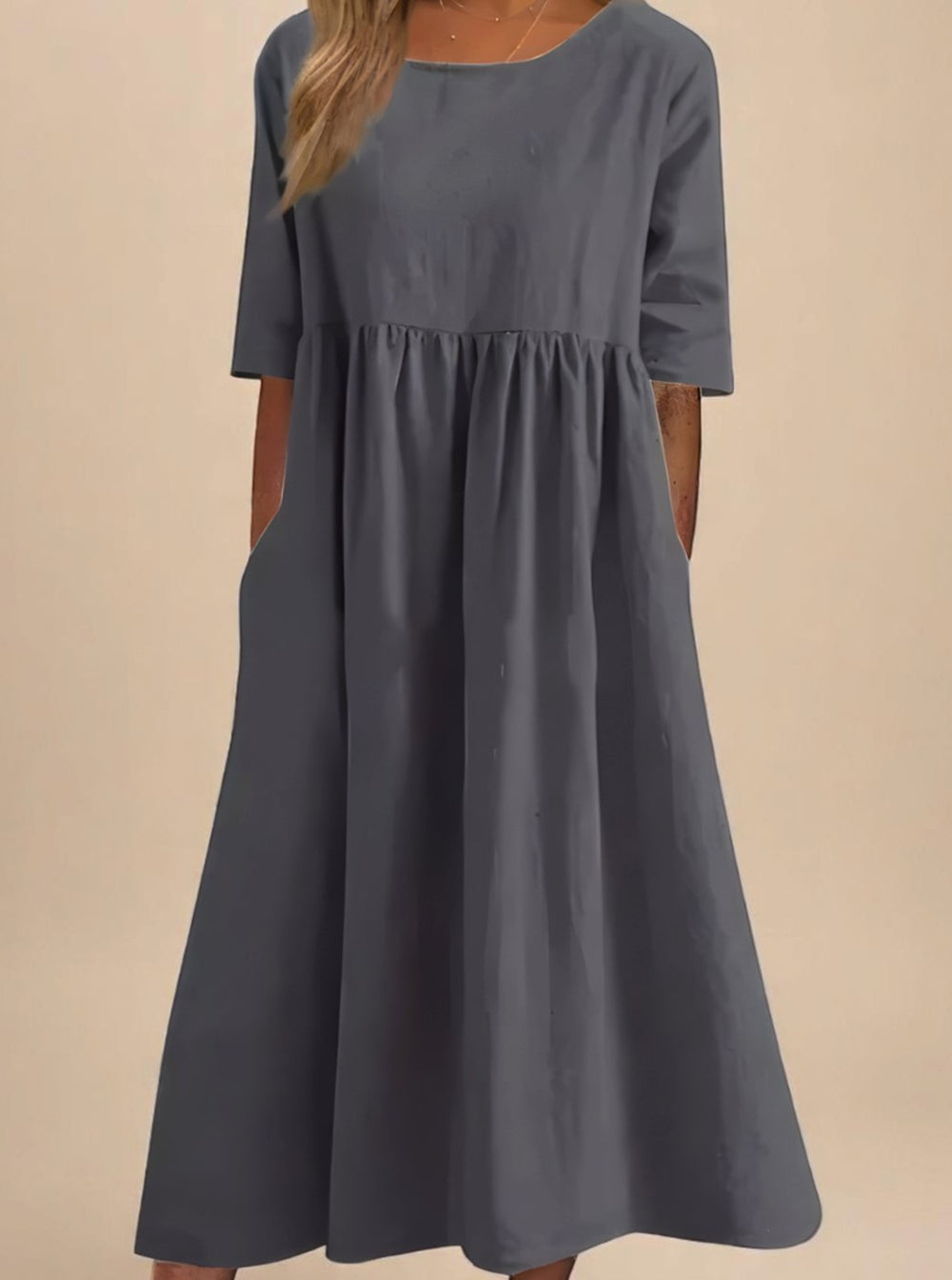 Women's Relaxed-Fit Round-Neck Mid-Sleeve Midi Dress Pockets - Grey