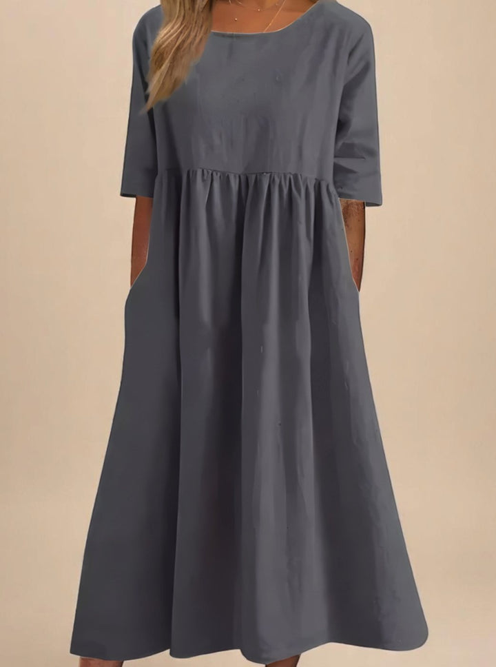 Women's Relaxed-Fit Round-Neck Mid-Sleeve Midi Dress Pockets - Grey