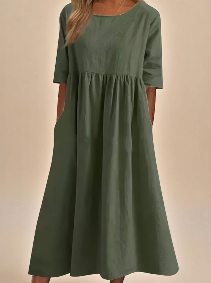 Women's Relaxed-Fit Round-Neck Mid-Sleeve Midi Dress Pockets - Green