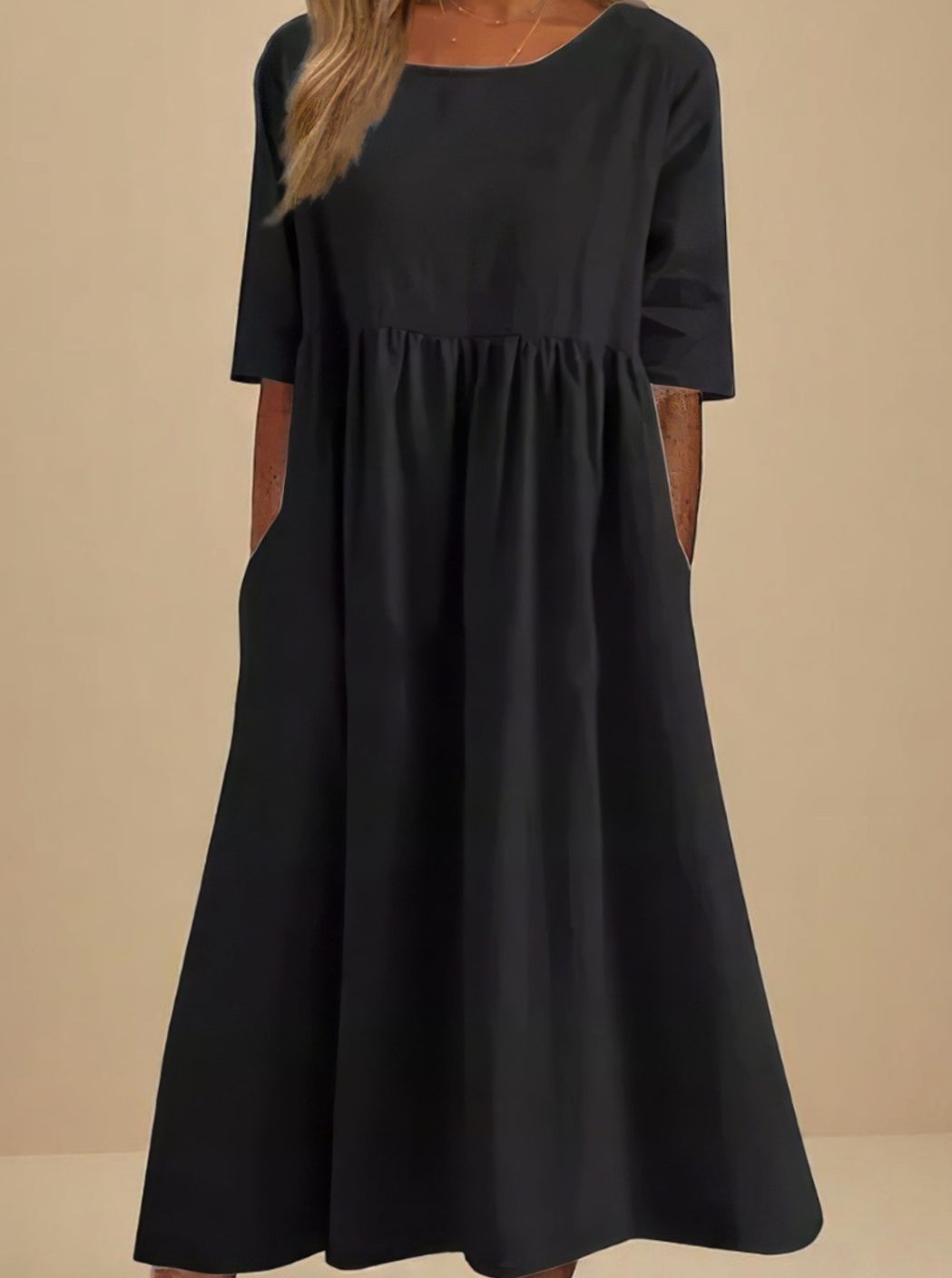Women's Relaxed-Fit Round-Neck Mid-Sleeve Midi Dress Pockets - Black
