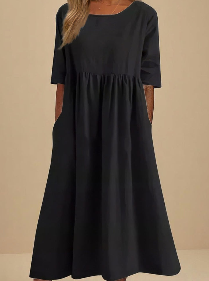 Women's Relaxed-Fit Round-Neck Mid-Sleeve Midi Dress Pockets - Black