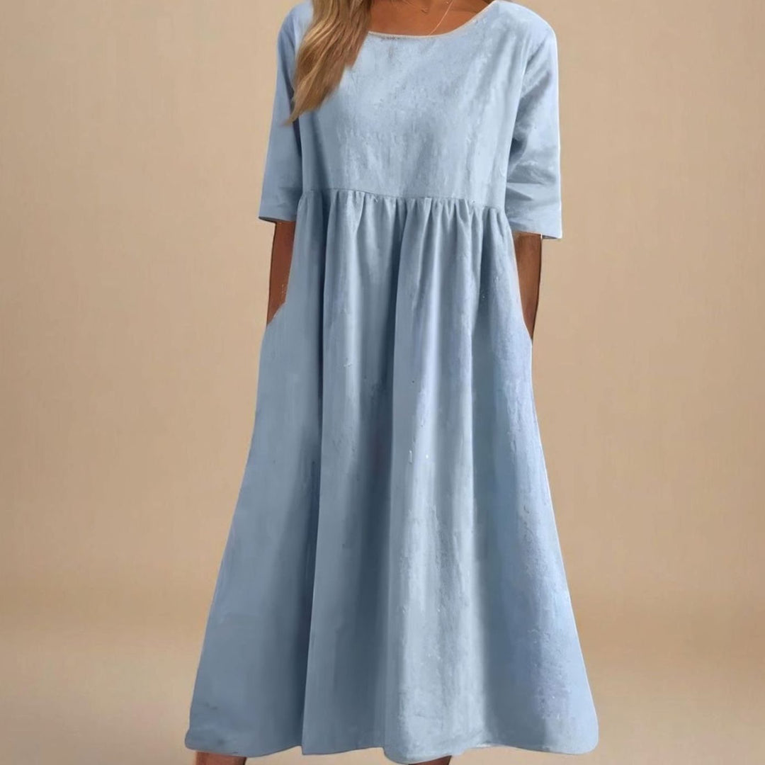 Women's Relaxed-Fit Round-Neck Mid-Sleeve Midi Dress Pockets - Sky Blue