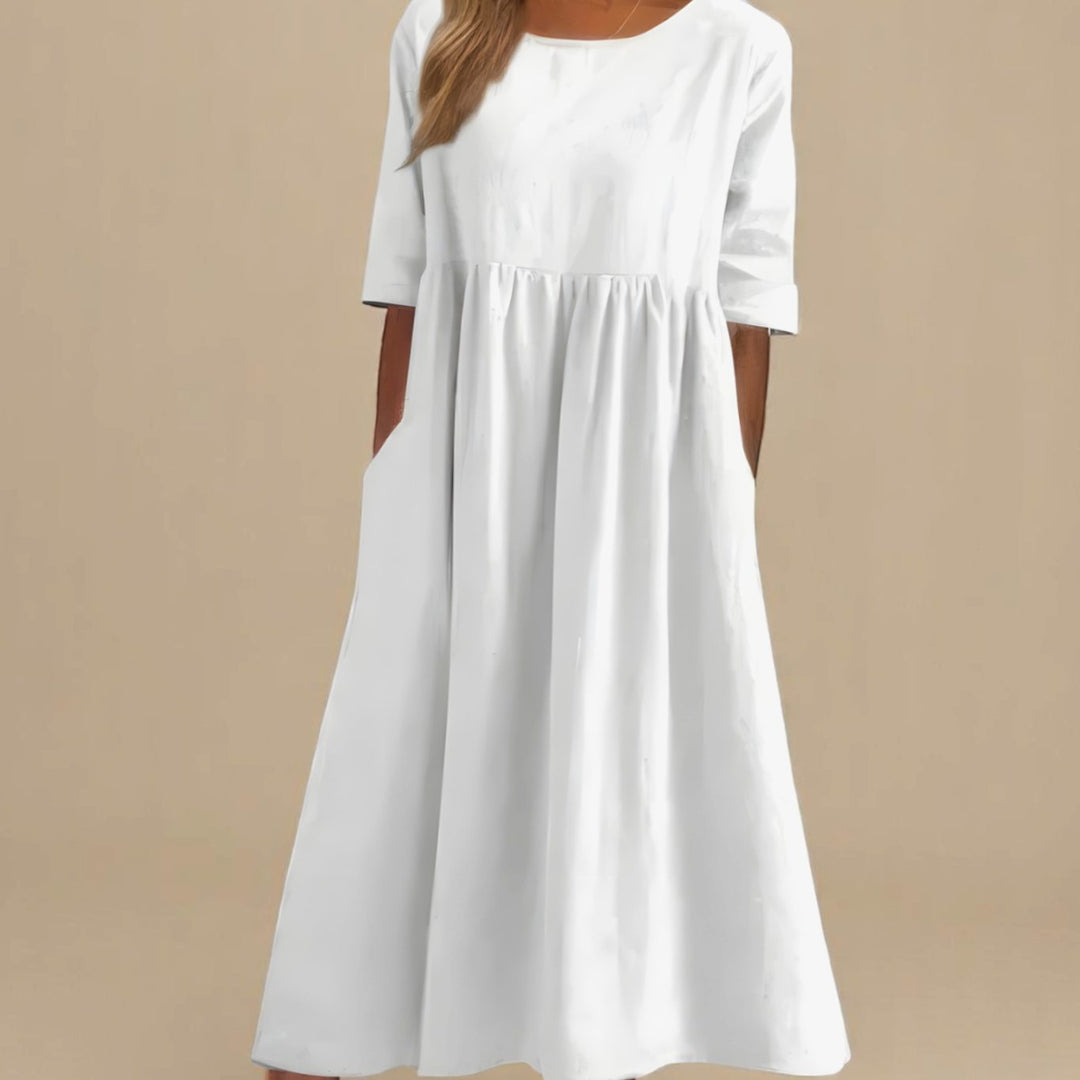 Women's Relaxed-Fit Round-Neck Mid-Sleeve Midi Dress Pockets - White