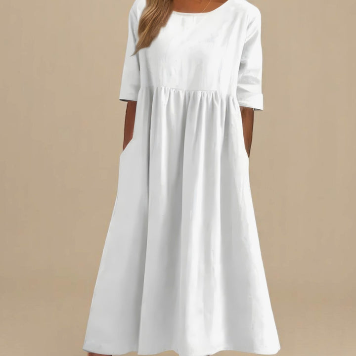 Women's Relaxed-Fit Round-Neck Mid-Sleeve Midi Dress Pockets - White